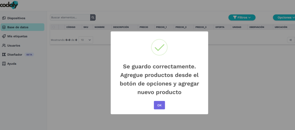 Confirmación de base de datos creada