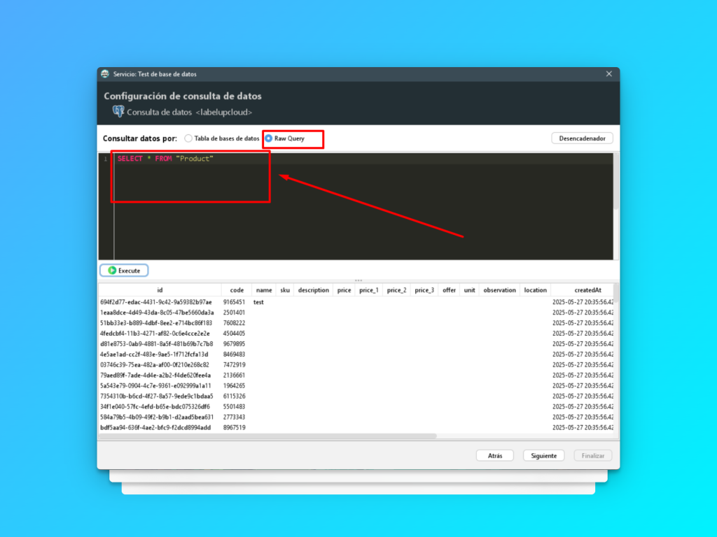 Ejemplo de query SQL en Codaly Sync