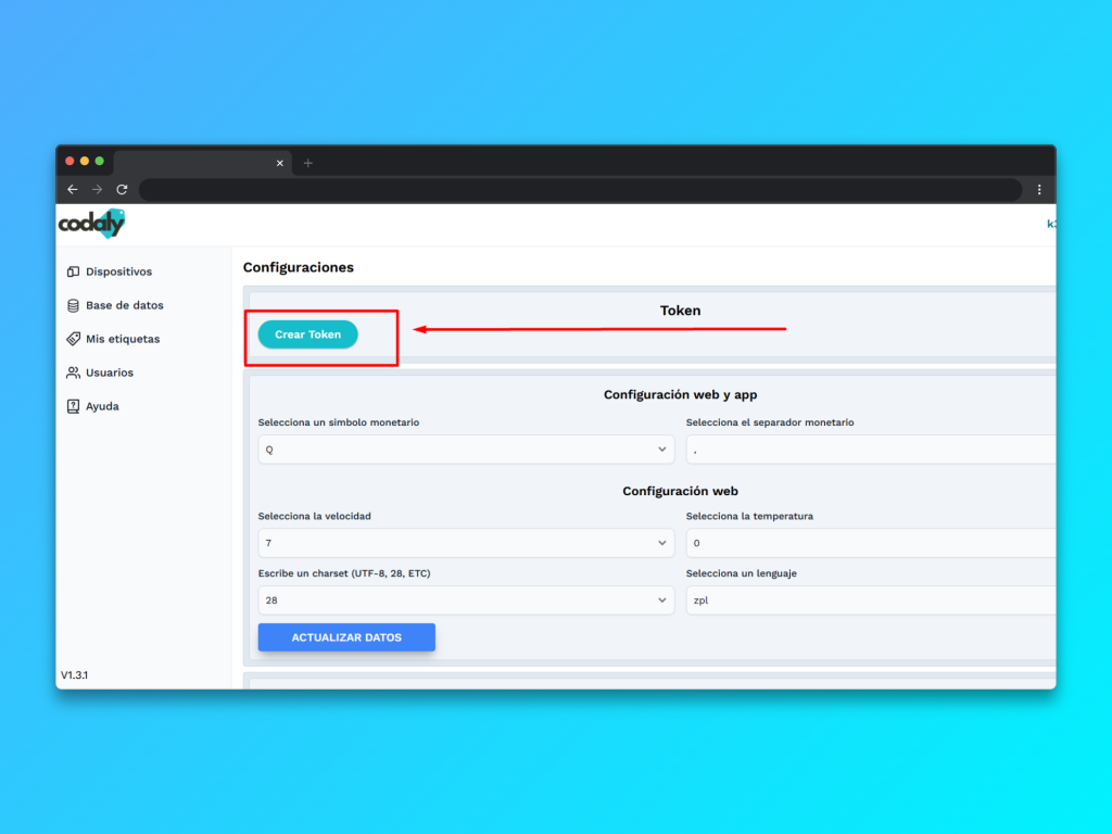 Crear token en codaly web 