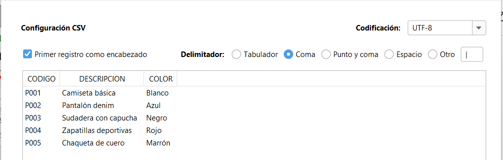 Asigna configuración de lectura para CSV