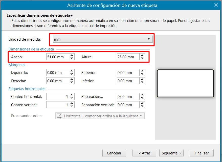 ZebraDesigner: Especificar dimensiones