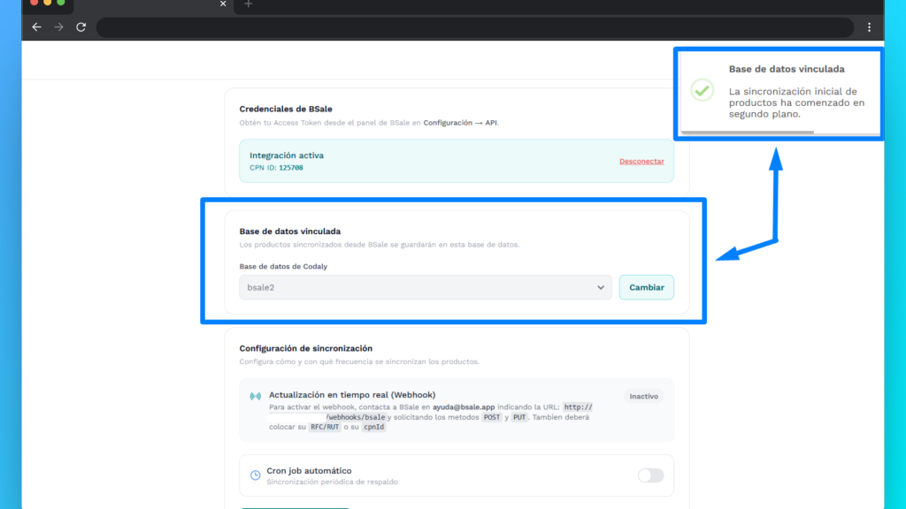 Selección de base de datos BSale con Codaly 